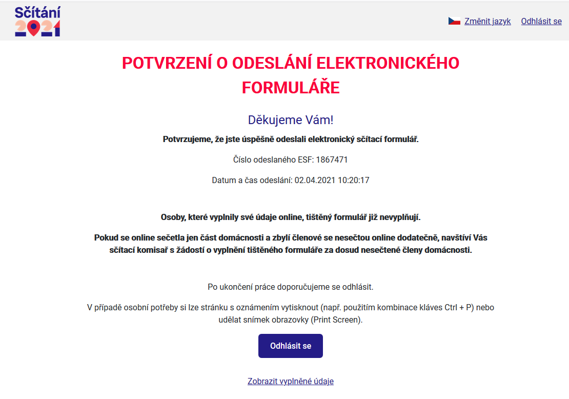 Potvrzení o odeslání elektronického sčítacího formuláře