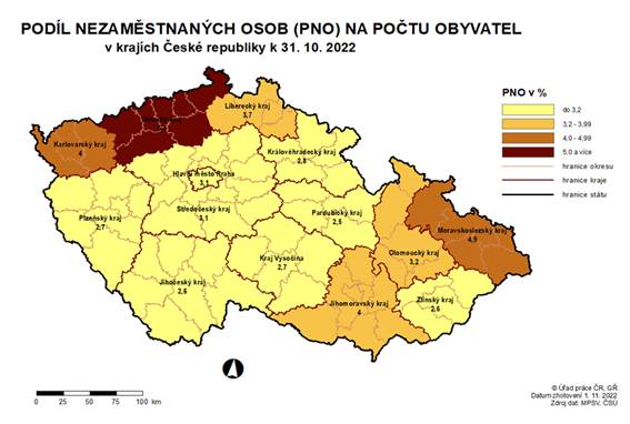 Podíl nezaměstnaných osob na počtu obyvatel v krajích ČR k 31. 10. 2022