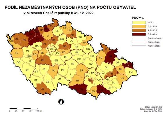 Podíl nezaměstnaných osob na počtu obyvatel v okresech %CR k 31. 12. 2022