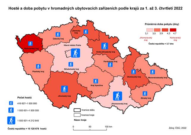 Kartogram: Hosté a doba pobytu v hromadných ubytovacích zařízeních podle krajů za 1. až 3. čtvrtletí 2022