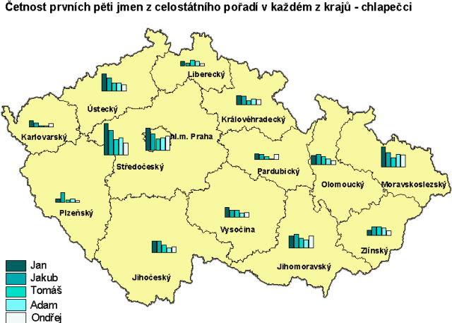 Mapa 2 Četnost prvních pěti jmen z celostátního pořadí v každém z krajů - chlapečci