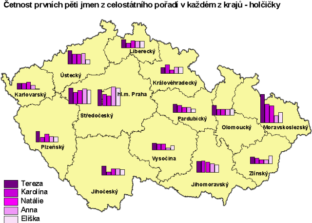 Mapa 1 Četnost prvních pěti jmen z celostátního pořadí v každém z krajů - holčičky