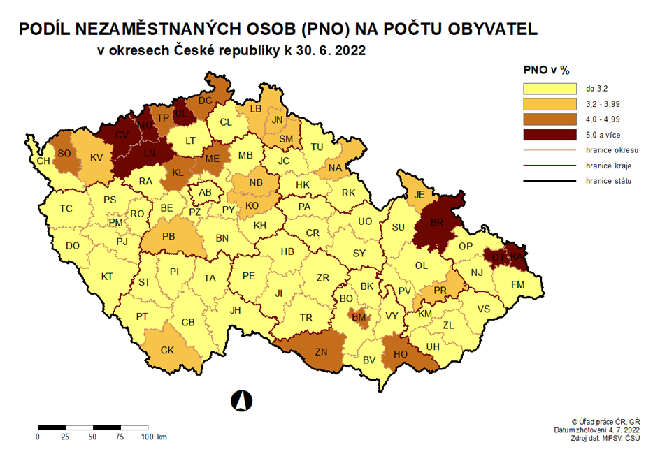 Podíl nezaměstnaných osob v okresech ČR k 30. 6. 2022