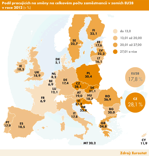 Kartogram | Podíl pracujících na směny na celkovém počtu zaměstnanců v zemích EU28 v roce 2012 (v%)