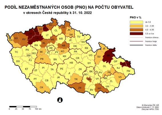 Podíl nezaměstnaných osob na počtu obyvatel v okresech ČR k 31. 10. 2022