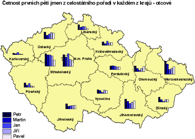 Mapa 4 Četnost prvních pěti jmen z celostátního pořadí v každém z krajů - otcové