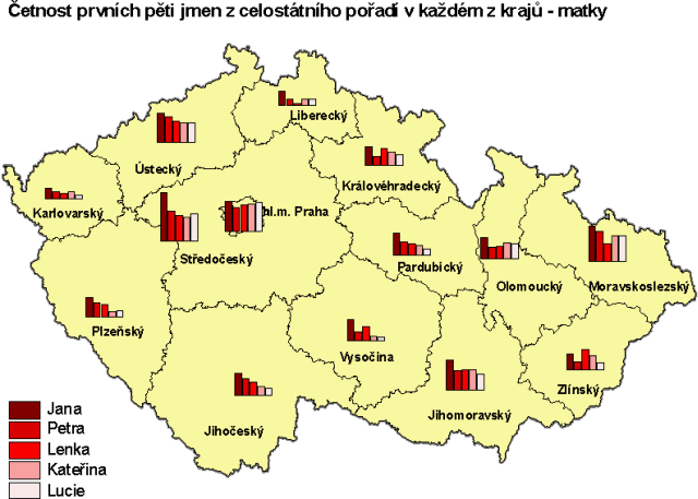 Mapa 3 Četnost prvních pěti jmen z celostátního pořadí v každém z krajů - matky