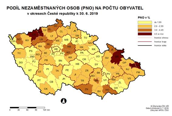 Podíl nezaměstnaných osob na počtu obyvatel v okresech ČR k 30. 6. 2019