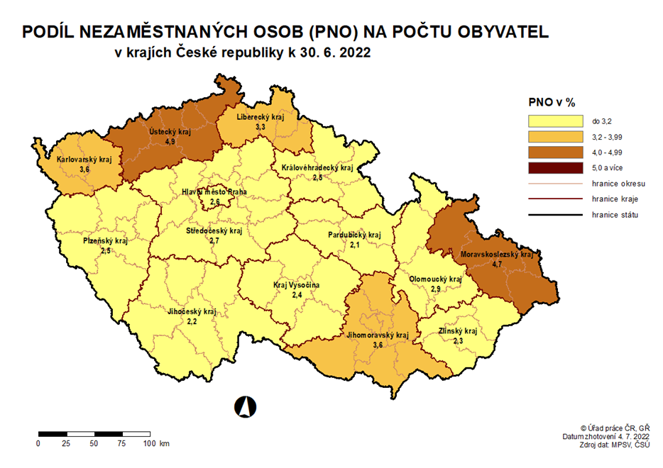 Podíl nezaměstnaných osob v krajích ČR k 30. 6. 2022