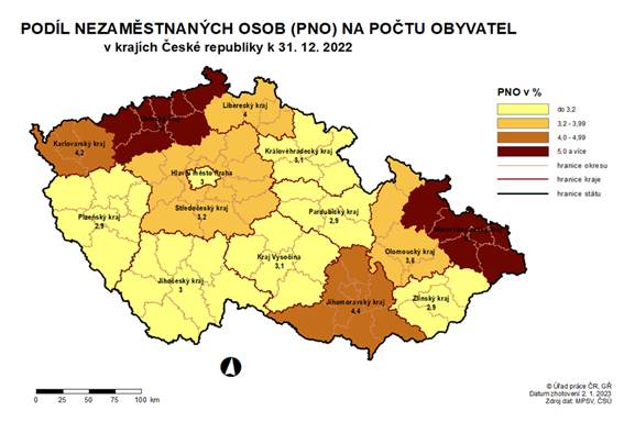 Podíl nezaměstnaných osob na počtu obyvatel v krajích %CR k 31. 12. 2022