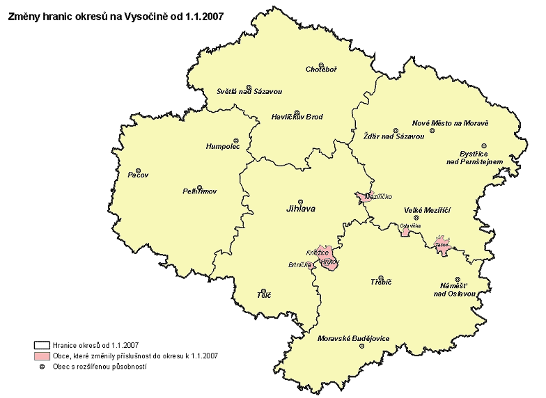 Změny hranic okresů na Vysočině k 1.1. 2007