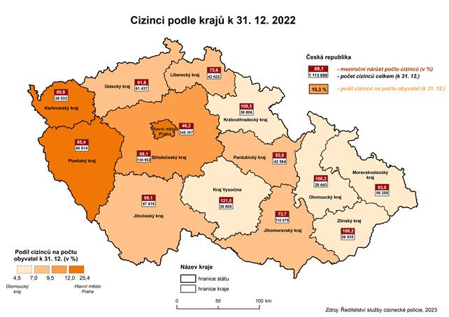 Kartogram: Cizinci podle krajů k 31. 12. 2022