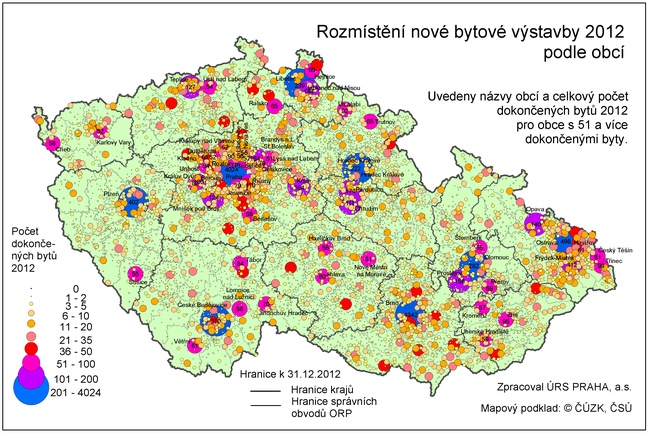 Rozmístění nové bytové výstavby 2012 podle obcí