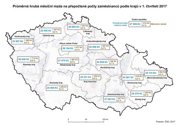 Kartogram: Průměrná hrubá měsíční mzdy na přepočtené počty zaměstnanců podle krajů v 1. čtvrtletí 2017