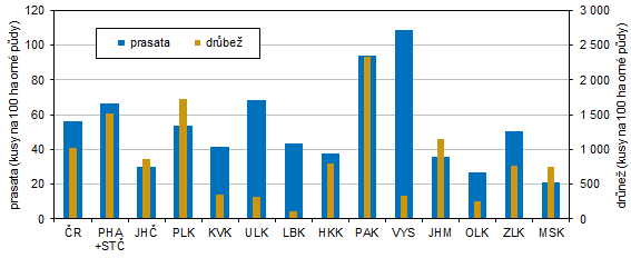 Graf 4 Intenzita chovu prasat a drůbeže k 31. 12. 2024 podle krajů