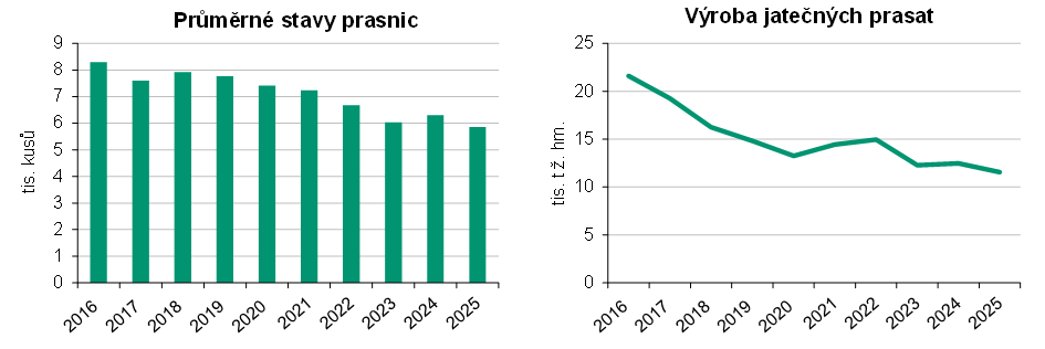 Graf 3 Průměrný stav prasnic a výroba jatečných prasat v Jihočeském kraji 