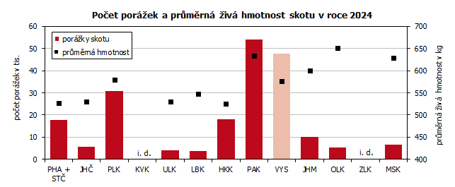 Počet porážek a průměrná živá hmotnost skotu v roce 2024