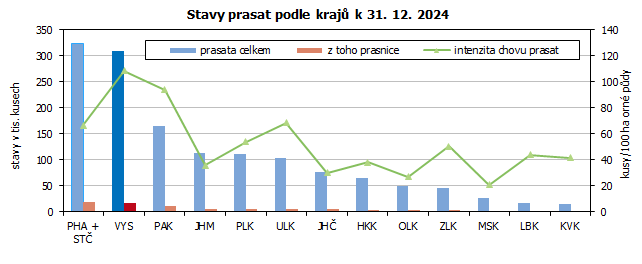 Stavy prasat podle krajů k 31. 12. 2024