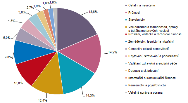 Graf 2 Struktura subjektů podle převažující činnosti CZ-NACE v Kraji Vysočina k 31. 12. 2025