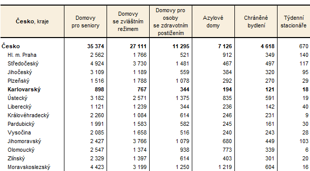Kapacita vybraných zařízení sociálních služeb podle krajů k 31. 12. 2024