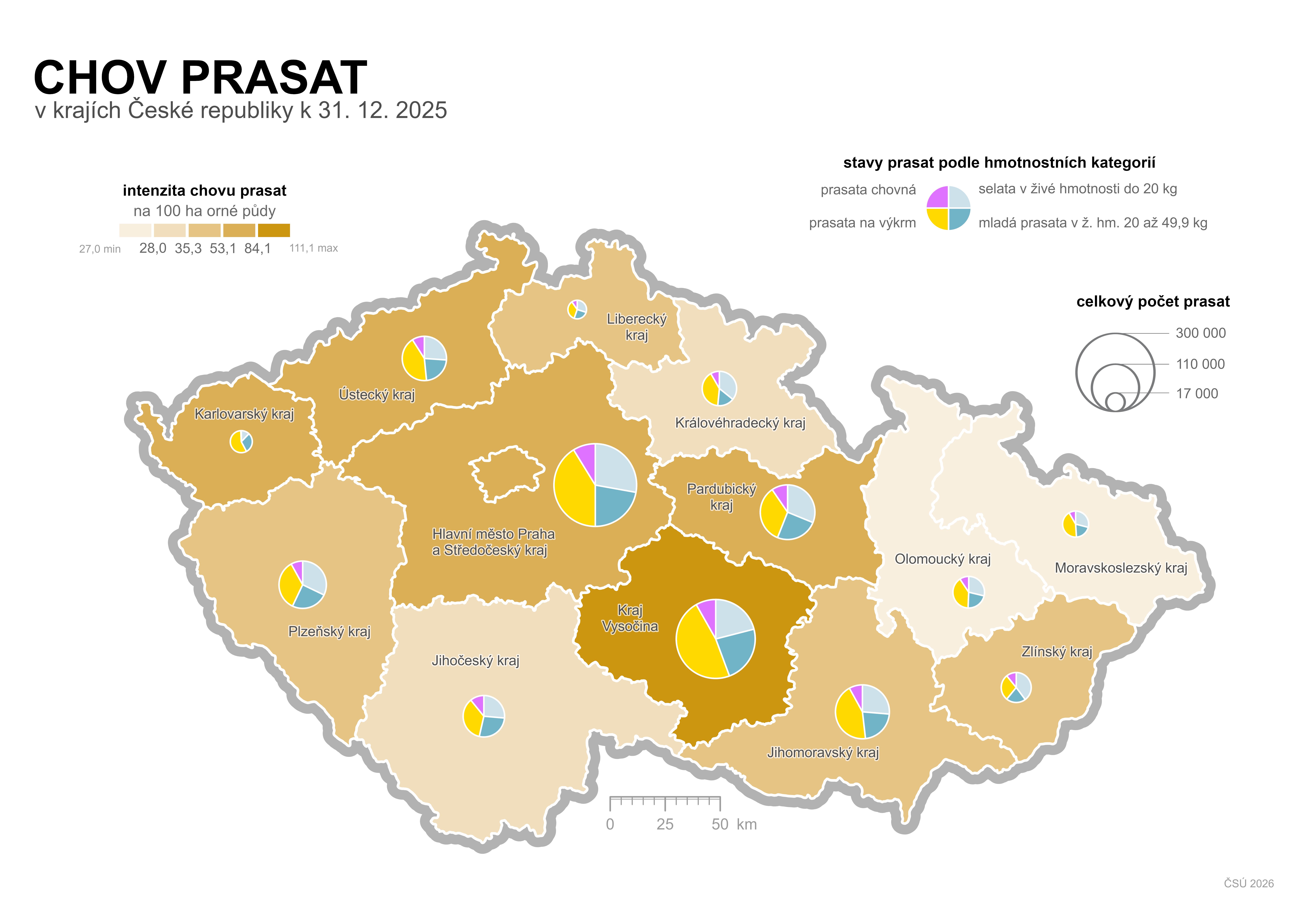 Kartogram: Chov prasat v krajích k 31. 12. 2025