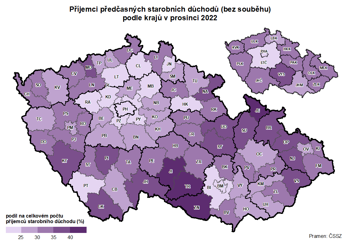 Kartogram: Příjemci předčasných starobních důchodů (bez souběhu) podle krajů v prosinci 2022