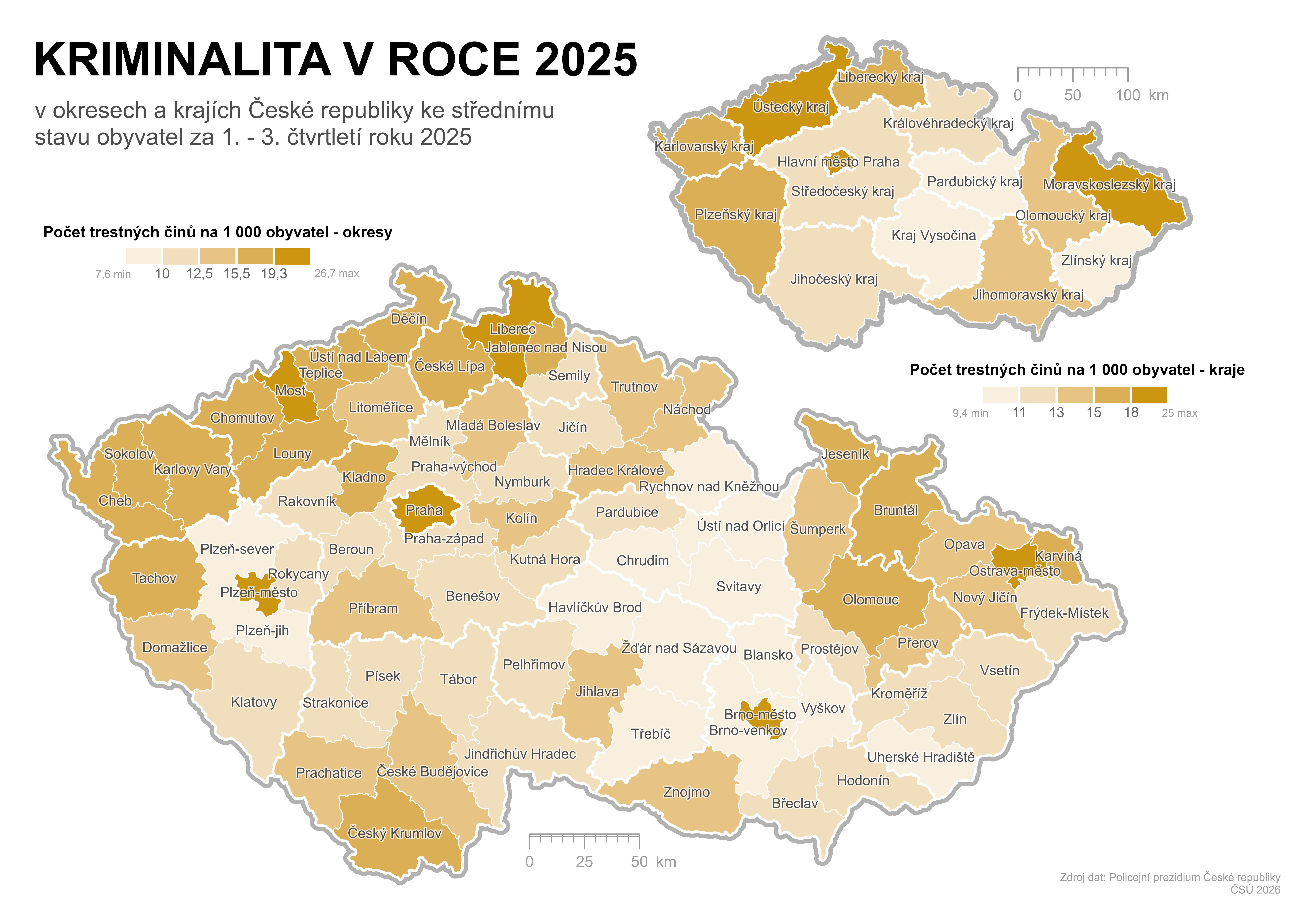 Kartogram: Kriminalita v roce 2025 (trestné činy na 1 000 obyvatel)