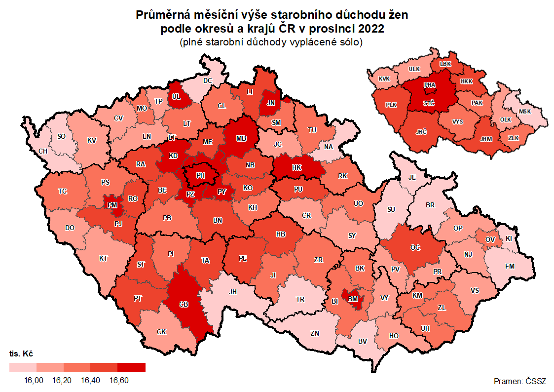 Kartogram: Průměrná měsíční výše starobního důchodu žen podle okresů a krajů ČR v prosinci 2022 (plné starobní důchody vyplácené sólo)