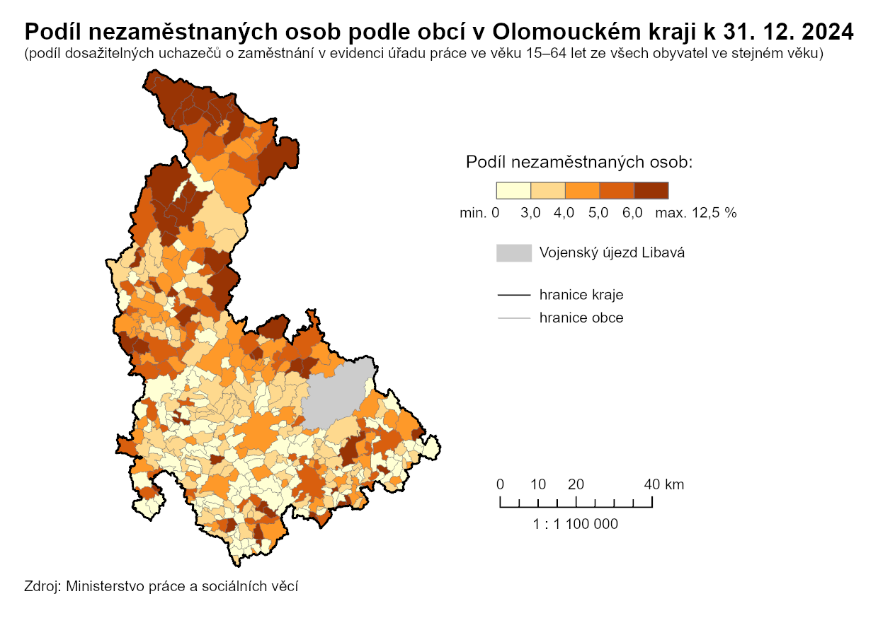 Kartogram: Podíl nezaměstnaných osob podle obcí kraje k 31. 12. 2024