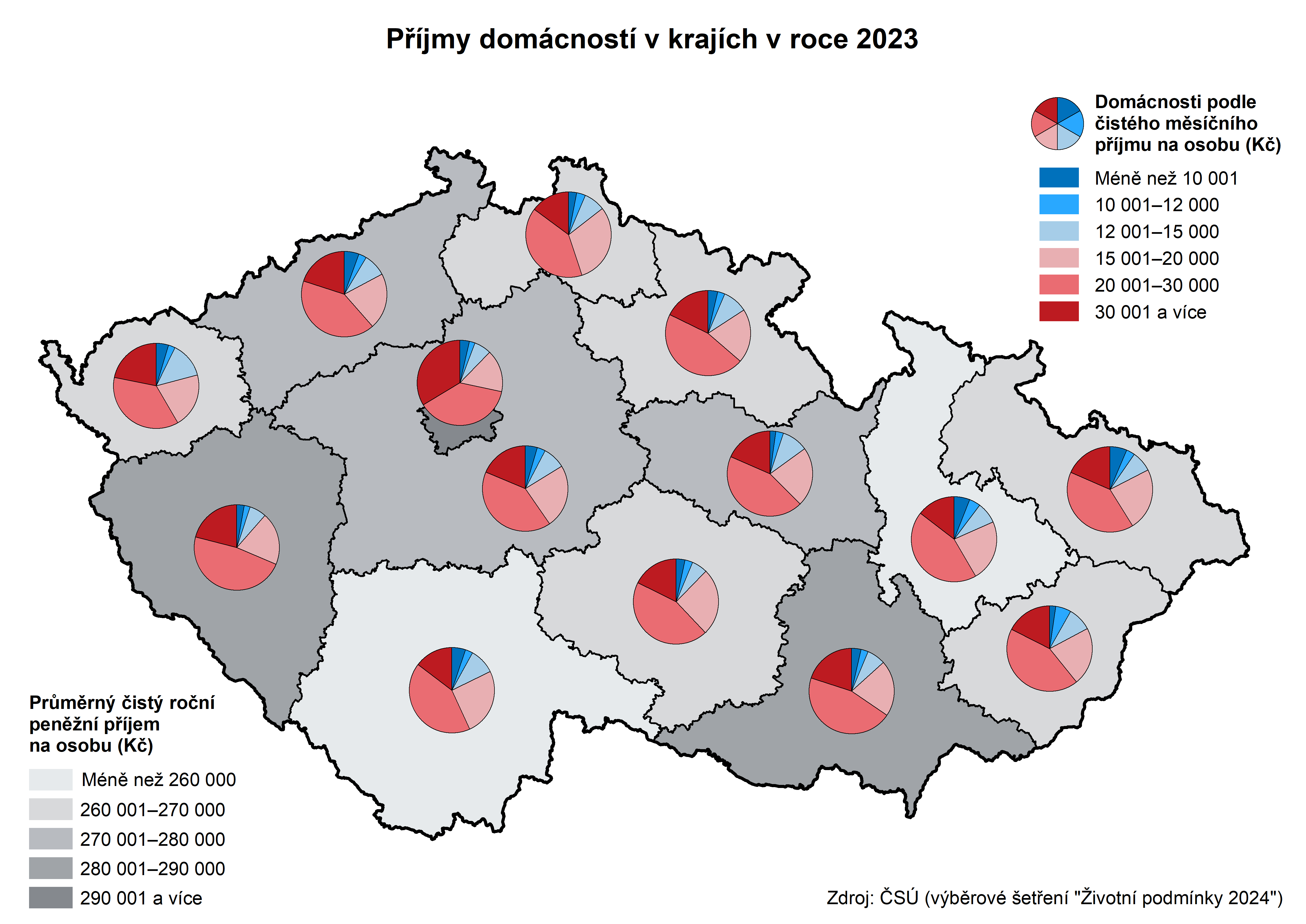 Kartogram: Příjmy domácností v krajích v roce 2023