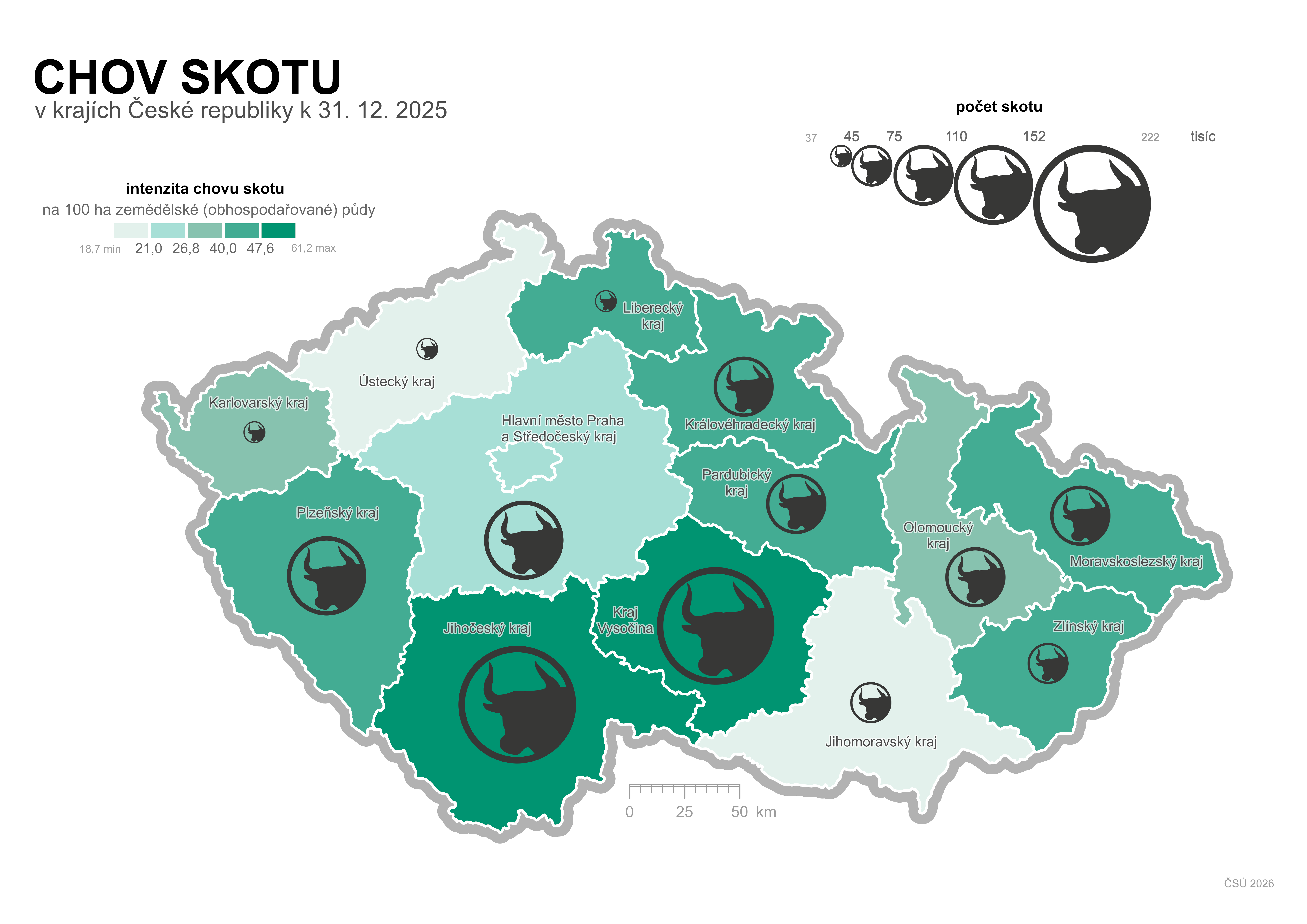 Kartogram: Chov skotu v krajích k 31. 12. 2025
