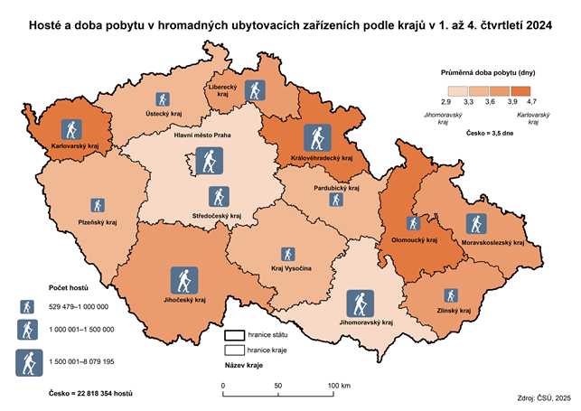 Kartogram: Hosté a doba pobytu v hromadných ubytovacích zařízeních podle krajů v 1. až 4. čtvrtletí 2024