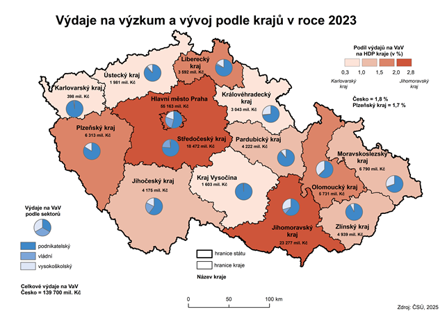 Kartogram: Výdaje na výzkum a vývoj podle krajů v roce 2023