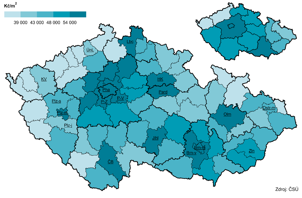 Kartogram 1 Průměrné kupní ceny bytů v okresech a krajích, 2022-2024