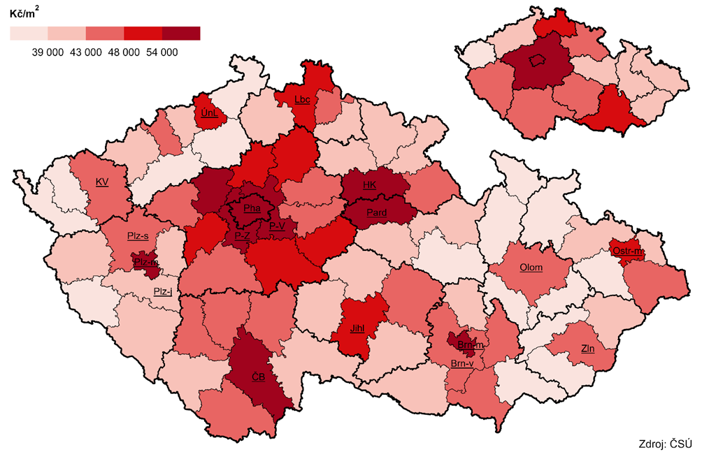 Kartogram 2 Průměrné kupní ceny rodinných domů v okresech a krajích, 2022-2024